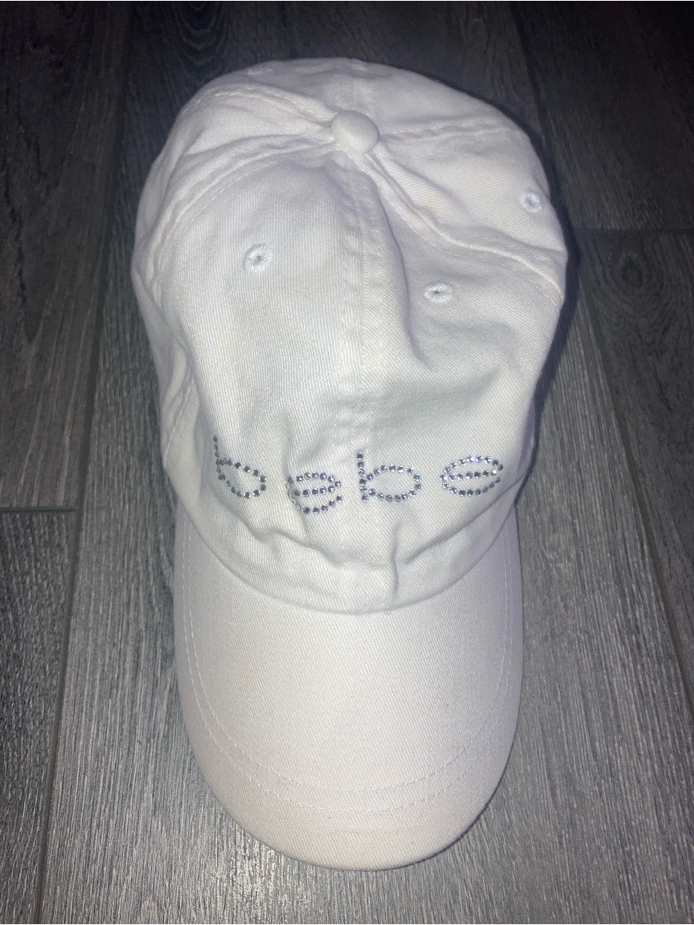 bebe Y2K White Rhinestone Logo Cap
